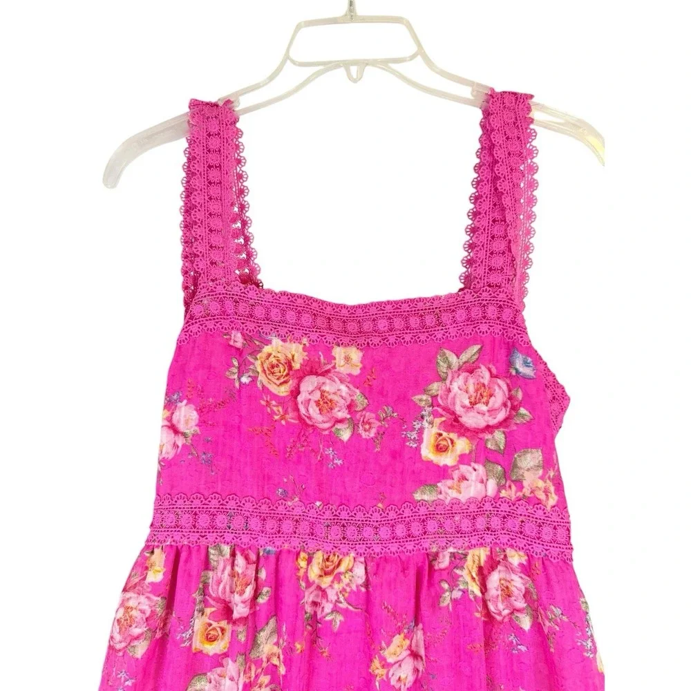 Blu‎ Pepper Pink Floral Lace Trim Maxi Dress Cottagecore Boho Romantic Size L
